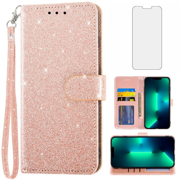 Compatible with iPhone 13 Pro Max 2021 6.7 inch Wallet Phone Case and Tempered Glass Screen Protector Flip Credit Card Holder Stand Bling Glitter Cell Cover for iPhone13promax 5G i Phone13Max Pink