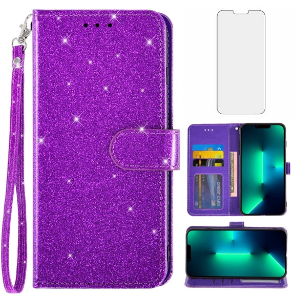 Compatible with iPhone 13 Pro Max 2021 6.7 inch Wallet Phone Case and Tempered Glass Screen Protector Flip Credit Card Holder Stand Bling Glitter Cell Cover for iPhone13promax 5G i Phone13Max Purple