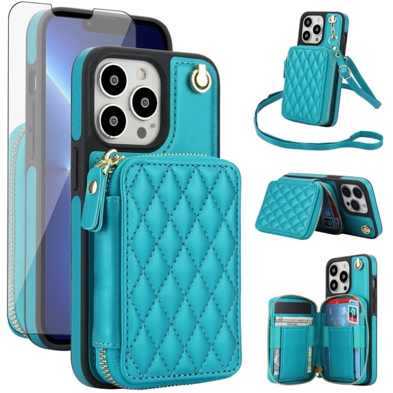 Compatible with iPhone 13 Pro Max 2021 6.7 inch Wallet Phone Case Tempered Glass Screen Protector Wrist Crossbody Strap Stand Credit Card Holder RFID Slot Cell Cover for iP13 ProMax Women Girls Green