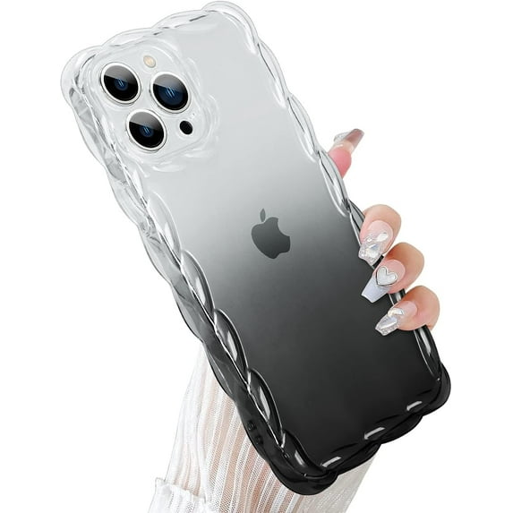 Compatible with iPhone 13 Pro Max 2022 6.7'' Cute Transparent Shockproof Phone Case, Cute Luxury Curly Wavy Border Soft for Girls Women Phone Case (Gradient Black)