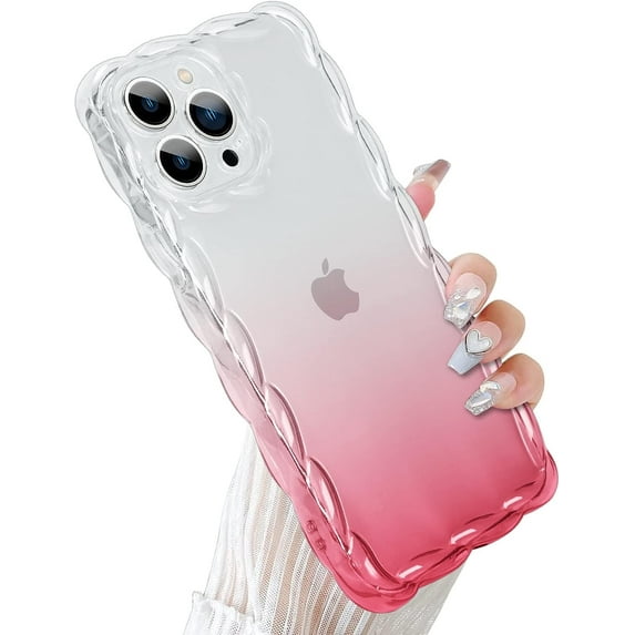 Compatible with iPhone 13 Pro Max 2022 6.7'' Cute Transparent Shockproof Phone Case, Cute Luxury Curly Wavy Border Soft for Girls Women Phone Case (Gradient Pink)