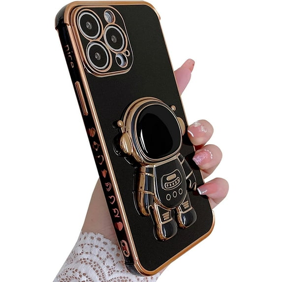 Compatible for iPhone 13 Pro Max 6.7 Inch 6D Plating Astronaut Hidden Stand Case, Cute Stand and Love-Heart Pattern Phone Case for Women Girls Men Soft TPU Shockproof Back Cover - Black