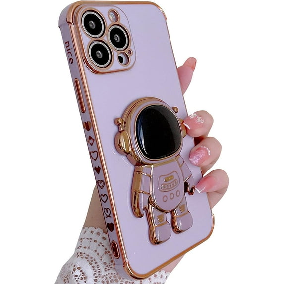 Compatible for iPhone 13 Pro Max 6.7 Inch 6D Plating Astronaut Hidden Stand Case, Cute Stand and Love-Heart Pattern Phone Case for Women Girls Men Soft TPU Shockproof Back Cover - Purple