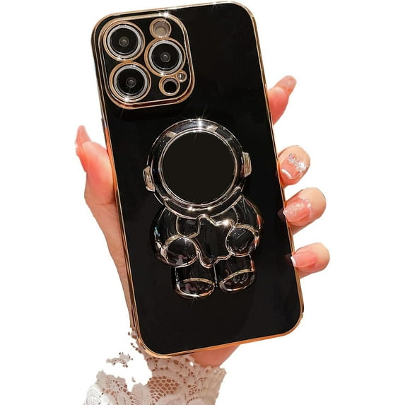 Compatible for iPhone 13 Pro Max 6.7 Inch 6D Plating Astronaut Hidden Stand Case, Cute Stand and Plated Phone Case for Women Girls Men Soft TPU Shockproof Back Cover - Black