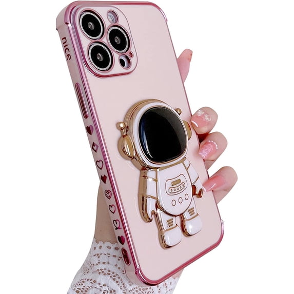 Compatible for iPhone 13 Pro Max 6.7 Inch 6D Plating Astronaut Hidden Stand Case, Cute Stand and Love-Heart Pattern Phone Case for Women Girls Men Soft TPU Shockproof Back Cover - Pink