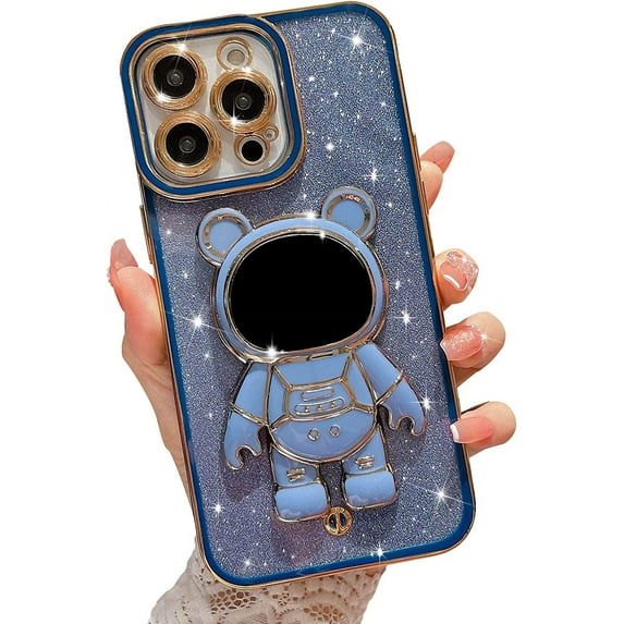 Compatible for iPhone 13 Pro Max 6.7 Inch Bling Plating Astronaut Hidden Stand Case, Cute 6D Bear Stand Glitter Phone Case for Women Girls Soft TPU Shockproof Back Cover - Blue