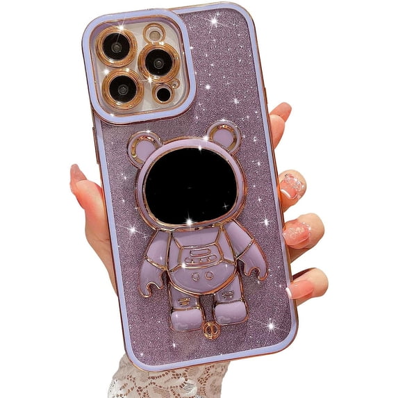 Compatible for iPhone 13 Pro Max 6.7 Inch Bling Plating Astronaut Hidden Stand Case, Cute 6D Bear Stand Glitter Phone Case for Women Girls Soft TPU Shockproof Back Cover - Purple