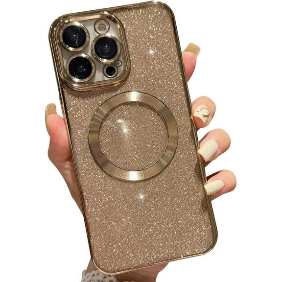 Compatible with iPhone 13 Pro Max 6.7 Inch Case,Luxury Magnetic Glitter Plating Bling Sparkle Shiny Clear Phone Case with Camera Protection,Compatible with MagSafe for Women Girls-Gold