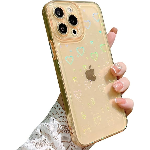Compatible for iPhone 13 Pro Max 6.7 Inch Clear Glitter Heart Case, Rainbow Laser Holographic Bling Cute Heart Pattern Case for Women Girls Soft TPU Shockproof Camera Protective - Yellow