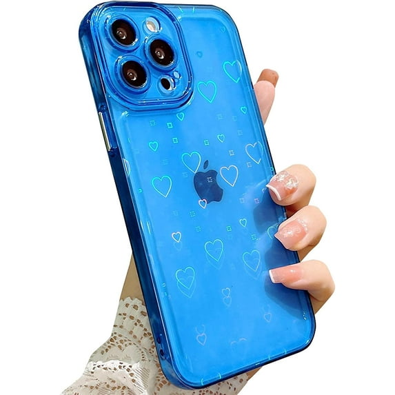 Compatible for iPhone 13 Pro Max 6.7 Inch Clear Glitter Heart Case, Rainbow Laser Holographic Bling Cute Heart Pattern Case for Women Girls Soft TPU Shockproof Camera Protective - Blue