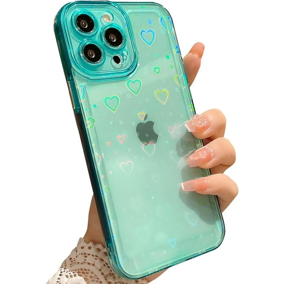 Compatible for iPhone 13 Pro Max 6.7 Inch Clear Glitter Heart Case, Rainbow Laser Holographic Bling Cute Heart Pattern Case for Women Girls Soft TPU Shockproof Camera Protective - Light Green