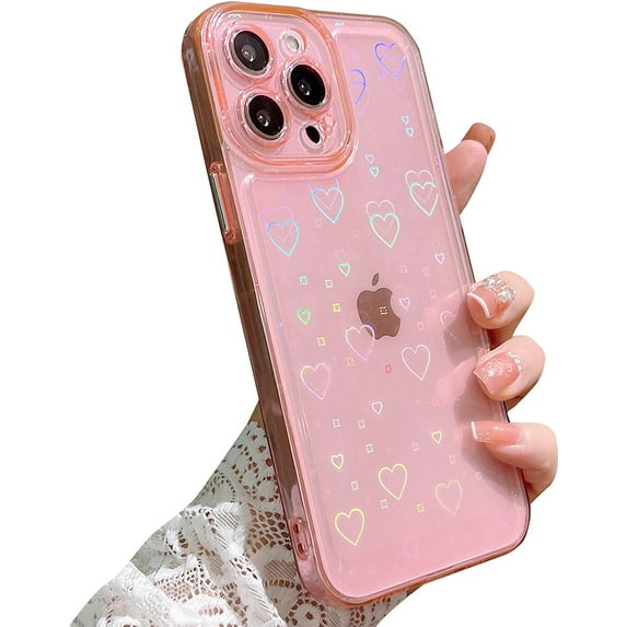 Compatible for iPhone 13 Pro Max 6.7 Inch Clear Glitter Heart Case, Rainbow Laser Holographic Bling Cute Heart Pattern Case for Women Girls Soft TPU Shockproof Camera Protective - Pink