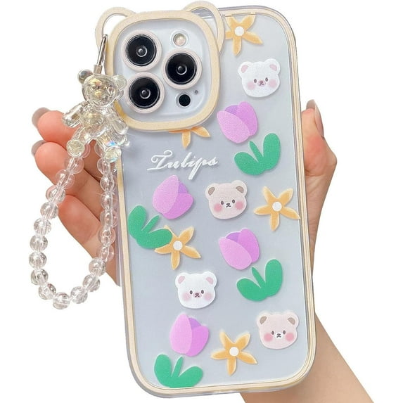 Compatible for iPhone 13 Pro Max 6.7 Inch Cute Clear Case, Cute Flowers Bear Pattern Phone Case with Lovely Strap Bracelet Chain for Women Girls Shockproof Back Cover - Beige (Tulip)