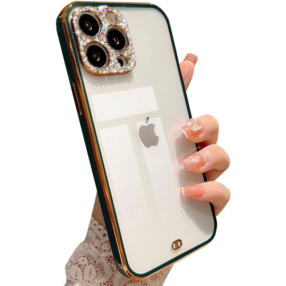 Compatible for iPhone 13 Pro Max 6.7 Inch Diamond Case, Luxury 3D Bling Crystal Rhinestone Sparkly Plating Clear Case for Women Girls Shockproof Camera Protective Back Cover - Green