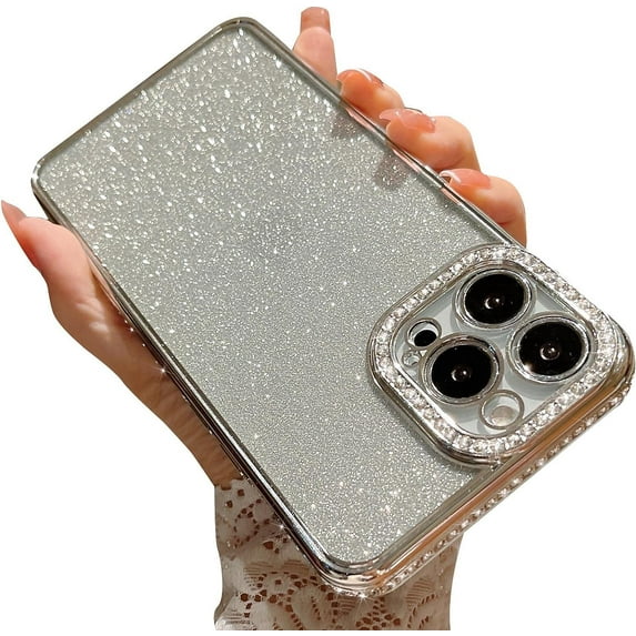 Compatible for iPhone 13 Pro Max 6.7 Inch Luxury Glitter Diamond Plating Case, 3D Bling Crystal Rhinestone Sparkly Clear Case for Women Girls Shockproof Camera Protective Back Cover - Silver