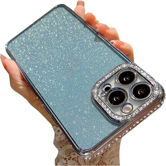 Compatible for iPhone 13 Pro Max 6.7 Inch Luxury Glitter Diamond Plating Case, Bling Crystal Rhinestone Sparkly Clear Case for Women Girls Shockproof Camera Protective Back Cover Light Blue