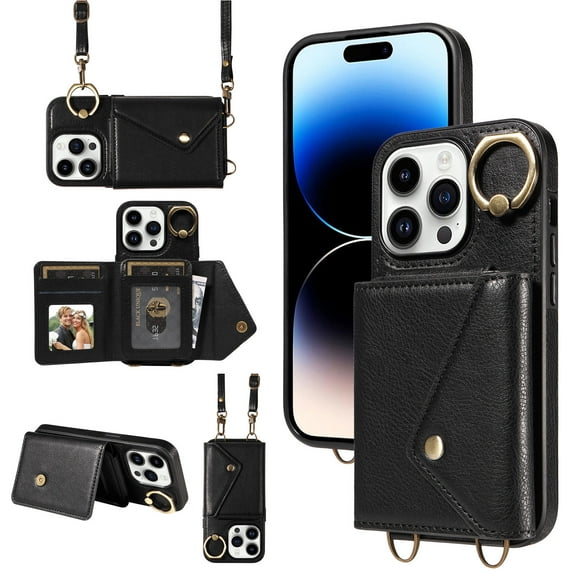 Compatible with iPhone 13 Pro Max 6.7 inch Wallet Cover, with Crossbody Shoulder Strap and Stand PU Leather Credit Card Holder Cell Accessories Phone Cover for iPhone 13 Pro Max - Black