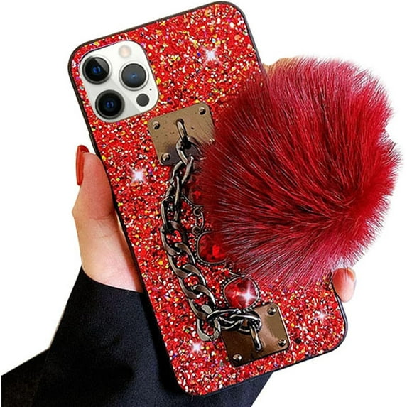 Compatible with iPhone 13 Pro Max Bling Diamond Case Luxury Sparkle Glitter Rhinestone Cute Fuzzy Furry Plush Ball Bracelect Wirst Strap Cover for iPhone 13 Pro Max 6.7 inch Women and Girls