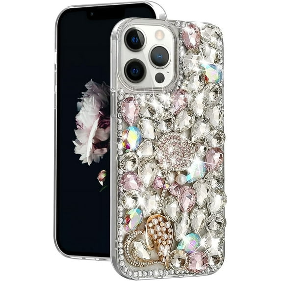 Compatible with iPhone 13 Pro Max Bling Diamond Case for Women and Girls Fashion Luxury Crystal Rhinestones Case 3D Glitter Shiny Sparkly Gemstone Case Cute Heart Pattern Pearl Cover