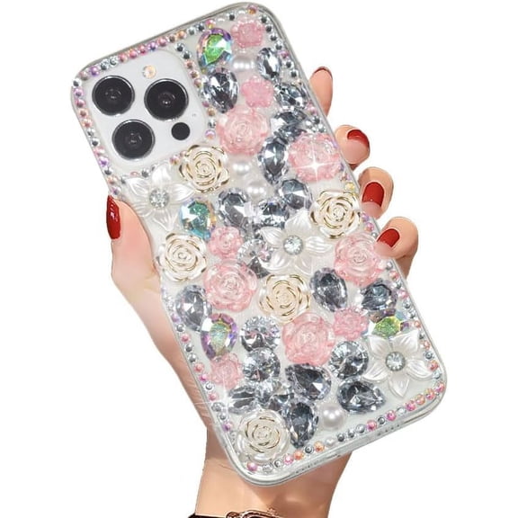 Compatible with iPhone 13 Pro Max Bling Glitter Case,Luxury Bling Diamond Rhinestone Gemstone 3D Rose Flower Gemstone Soft TPU Back Cover Case for Women Girls with iiPhone 13 Pro Max 6.7"