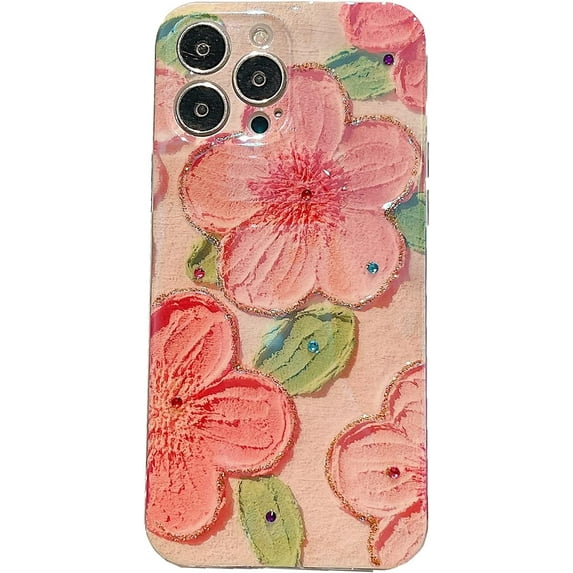 Compatible with iPhone 13 Pro Max Bling Oil Painting Flowers Diamond Case Sparkly Shiny Glitter Floral Art Crystal Rhinestone Protective Shockproof Cover for Women Girls