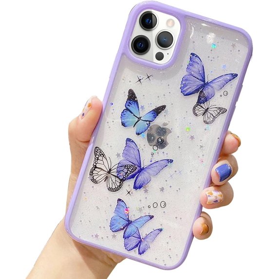 Compatible with iPhone 13 Pro Max Butterfly Bling Clear Case for Women, Glitter Shiny Star Pattern for Girls Flexible Transparent Soft TPU Sparkle Cute Sequins Protective Phone Case Purple