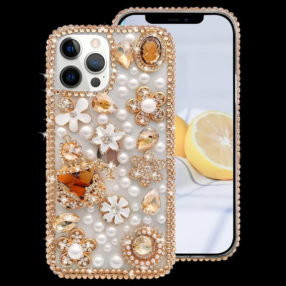 Compatible with iPhone 13 Pro Max Case 3D Bling Diamond Rhinestone Crystal Gems Glitter Shiny Sparkle Flower Pearl Cute Case for Women Protective Cover Luxury Fashion Phone Case Gold