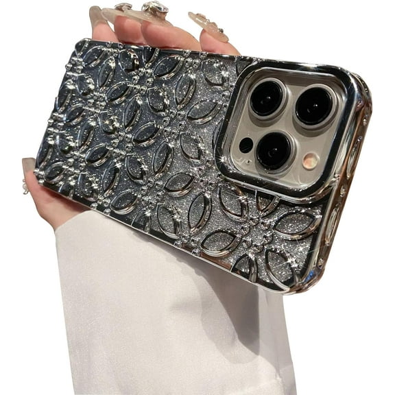 Compatible with iPhone 13 Pro Max Case,[3D Cute Bling Flower Pattern Design] Silicone Shockproof [Luxury Shiny Flower] Fashion Slim Fit for Women Girls Case for iPhone 13 Pro Max -Silver