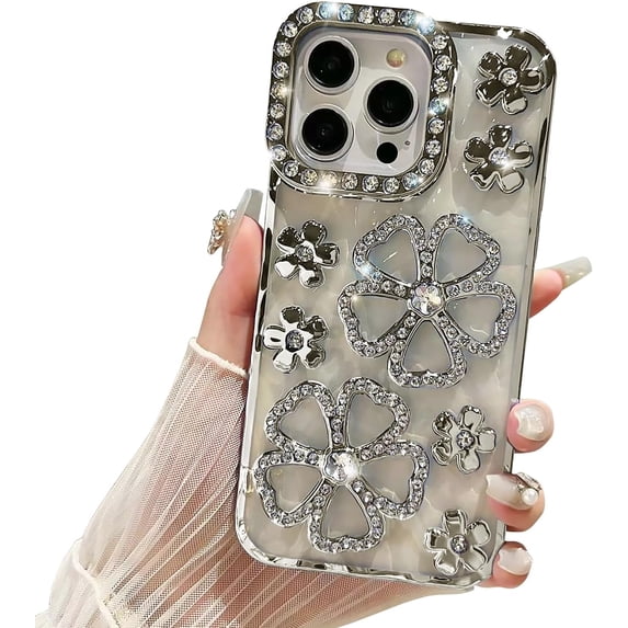 Compatible with iPhone 13 Pro Max Case,3D Cute Glitter Bling Flower Design with Luxury Glitter Rhinestone Floral Women Girls and Sparkly Shiny Slim Shockproof Case for iPhone 13 Pro Max -Silver
