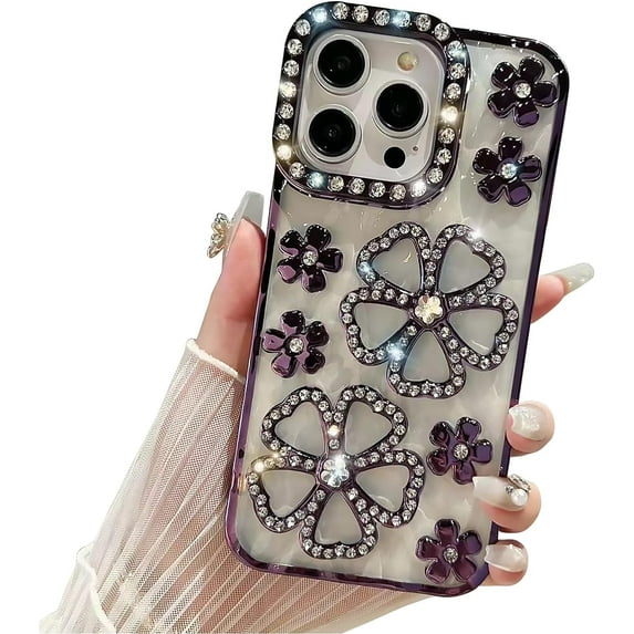 Compatible with iPhone 13 Pro Max Case,3D Cute Glitter Bling Flower Design with Luxury Glitter Rhinestone Floral Women Girls and Sparkly Shiny Slim Shockproof Case for iPhone 13 Pro Max -Purple