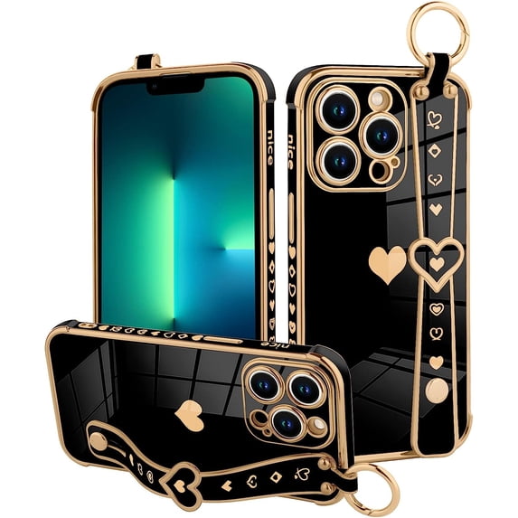 Compatible with iPhone 13 Pro Max Case 6.7 Inch Cute Heart Pattern for Women Girls Soft Plating Bumper Anti-Scratch Protective Cover with Wrist Strap Band Kickstand Holder-Black