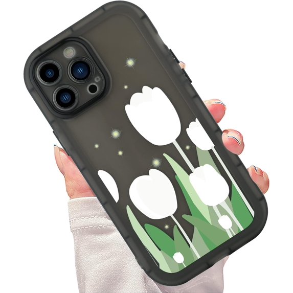 Compatible with iPhone 13 Pro Max Case 6.7 Inch, Cute White Floral Flower Pattern Phone Case for Women Girls, Shockproof Full Camera Protective Girly Cover for 13 Pro Max-Black