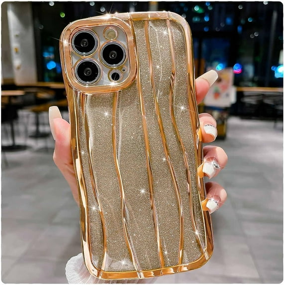 Compatible with iPhone 13 Pro Max Case 6.7 Inch, Luxury 3D Design Electroplated Water Ripple Bling Case, Curly Glitter Wave Frame Case for Women Girls-Gold