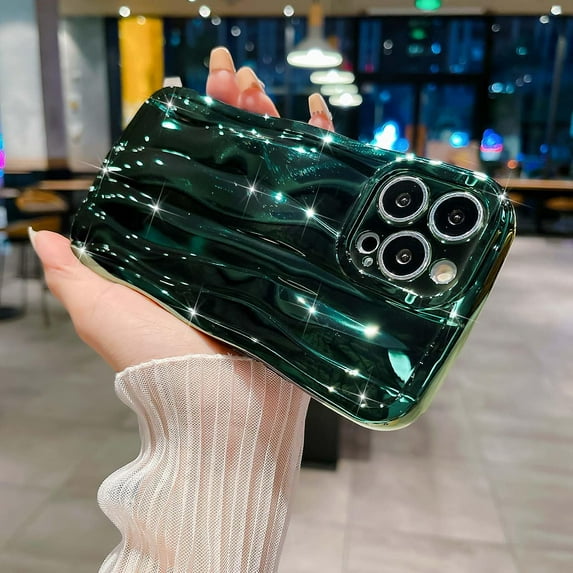 Compatible with iPhone 13 Pro Max Case 6.7 Inch, Luxury 3D Design Electroplated Water Ripple Case for Women Girls, Curly Wave Frame Soft Shockproof Camera Protective Back Cover-Green