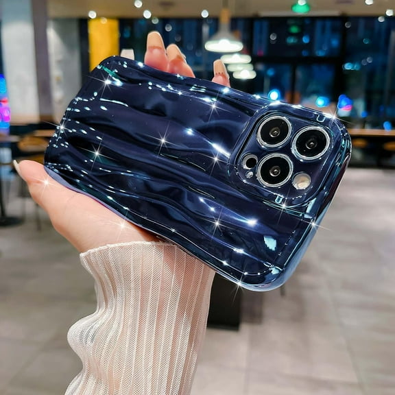 Compatible with iPhone 13 Pro Max Case 6.7 Inch, Luxury 3D Design Electroplated Water Ripple Case for Women Girls, Curly Wave Frame Soft Shockproof Camera Protective Back Cover-Navy Blue