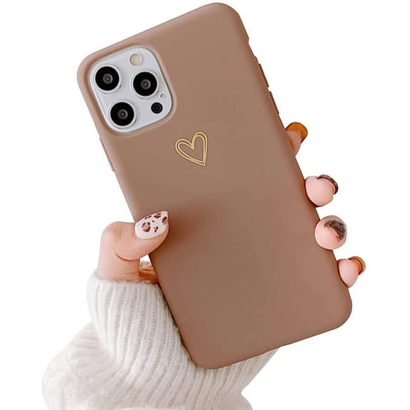 Compatible with iPhone 13 Pro Max Case 6.7 Inch [Not Fit 13/13 Pro] for Soft Rubber Liquid Silicone Gold Heart Pattern Slim Protective Case for Women Girls for iPhone 13 Pro Max-(Brown)