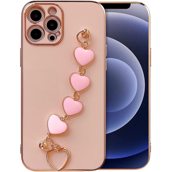 Compatible with iPhone 13 Pro Max Case 6.7 inch 2021 Release Luxury Plating Soft TPU Case with Love-Heart Strap Bracelet Chain Shiny Cute Pretty Protective Phone Cover for Women Grils Pink