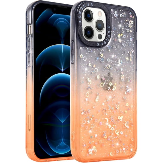 Compatible with iPhone 13 Pro Max Case Bling Sparkle Cute Girls Women Protective Case Slim Soft Flexible TPU Rubber Glitter Gradient Color Design for Women Girls Fashion, Black+Orange
