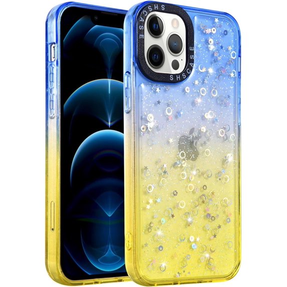 Compatible with iPhone 13 Pro Max Case Bling Sparkle Cute Girls Women Protective Case Slim Soft Flexible TPU Rubber Glitter Gradient Color Design for Women Girls Fashion, Blue+Yellow