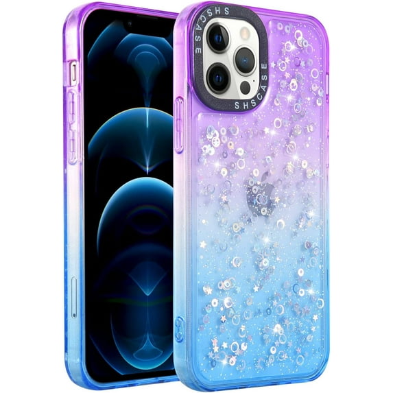 Compatible with iPhone 13 Pro Max Case Bling Sparkle Cute Girls Women Protective Case Slim Soft Flexible TPU Rubber Glitter Gradient Color Design for Women Girls Fashion, Purple+Blue