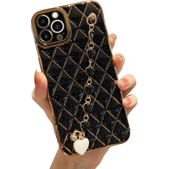 Compatible with iPhone 13 Pro Max Case with Bracelet, Cute Glitter Plated Gold Cover with Heart Strap Bracelet Girly Women Phone Case Protective Cover, Black