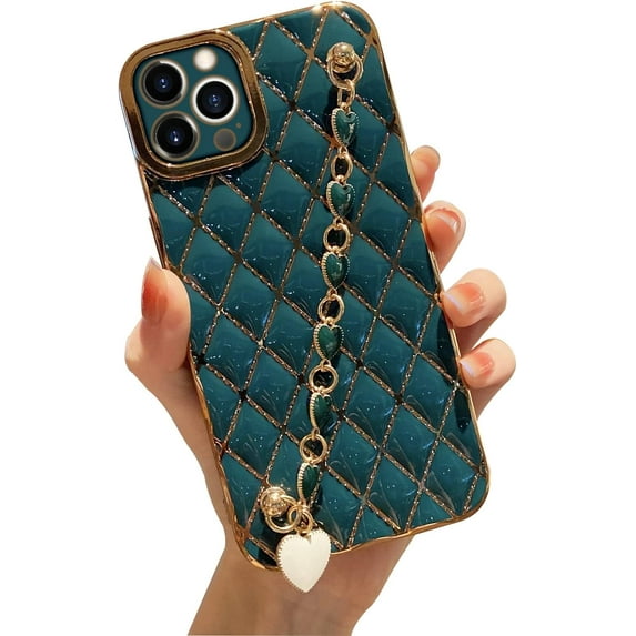 Compatible with iPhone 13 Pro Max Case with Bracelet, Cute Glitter Plated Gold Cover with Heart Strap Bracelet Girly Women Phone Case Protective Cover, Green