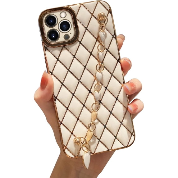 Compatible with iPhone 13 Pro Max Case with Bracelet, Cute Glitter Plated Gold Cover with Heart Strap Bracelet Girly Women Phone Case Protective Cover, White