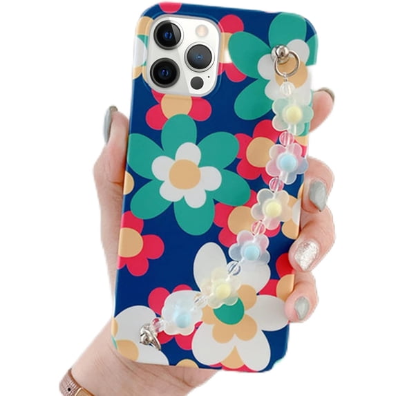 Compatible with iPhone 13 Pro Max Case with Bracelet for Women Girls Girly Chain Wrist Strap Case Cute Flower Floral Print Phone Case Soft TPU for iPhone 13 Pro Max Shockproof Protective Cover