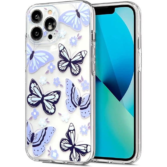 Compatible with iPhone 13 Pro Max Case Butterfly Floral Flower Designs Clear Soft TPU Anti-Scratch Back Cover for Women Girls, Protective Cute Phone Case for iPhone 13 Pro Max Purple/Blue