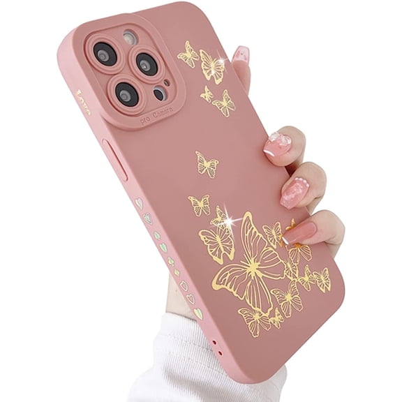 Compatible with iPhone 13 Pro Max Case, Butterfly Pattern with Side Plated Heart Pattern Soft Silicone Shockproof Full Camera Lens Cute Case for iPhone 13 Pro Max for Women Girl,Blue