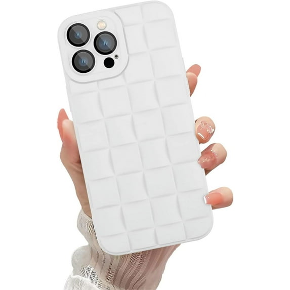 Compatible with iPhone 13 Pro Max Case with Camera Lens Protector, Cute 3D Plaid Design iPhone 13 Pro Max Phone Case for Women Girls, Soft TPU Shockproof Protective Cover 13 Pro Max White