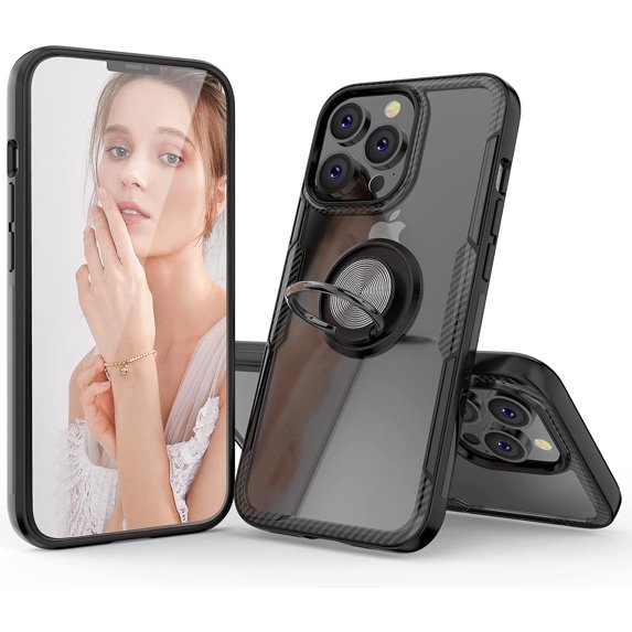 Compatible with iPhone 13 Pro Max Case, Carbon Fiber Design Clear Crystal Anti-Scratch Case with 360 Degree Rotation Ring Kickstand(Work with Magnetic Car Mount) for iPhone 13 Pro Max 6.7 inch,Black