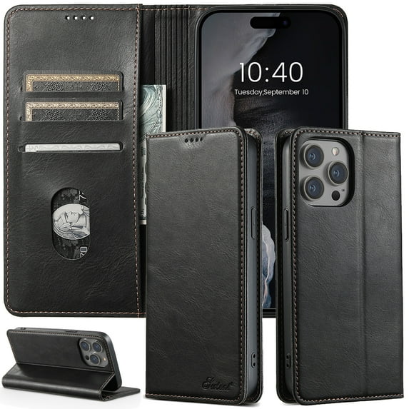 Compatible for iPhone 13 Pro Max Case, Classic PU Leather Flip Stand Wallet Case with Card Slots Shockproof Magnetic Closure Full Body Protective Purse Phone Cover for iPhone 13 Pro Max, Black