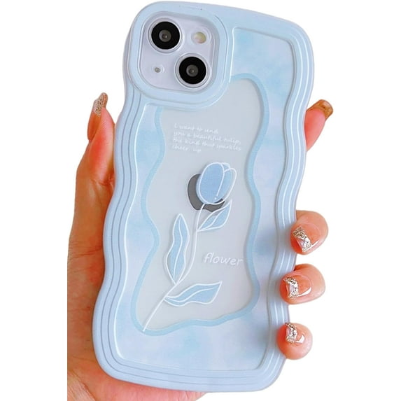 Compatible with iPhone 13 Pro Max Case Clear with Floral Design for Women Girls,Aesthetic Cute Wavy Flowers Soft Shockproof Cell Phone Cover for iPhone 13 Pro Max 6.7 Inch (Tulip/Blue)